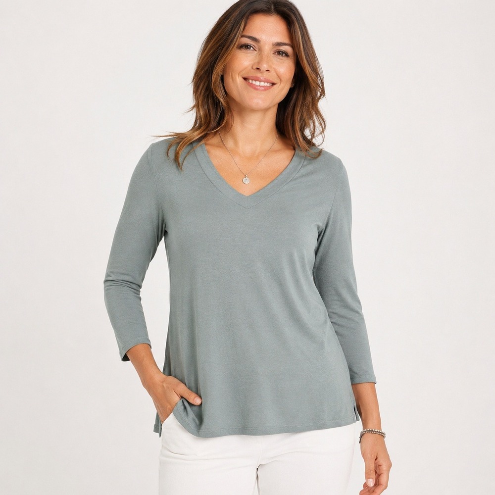 J. Jill Pima Cotton 3/4 Sleeve V-Neck Top Sage Green Large Side Slits